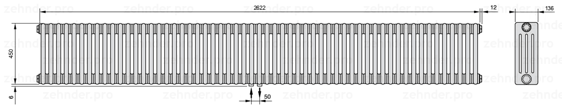 Схема (чертеж) Радиатор Zehnder Charleston 4045/57 №3470 Белый глянцевый RAL 9016